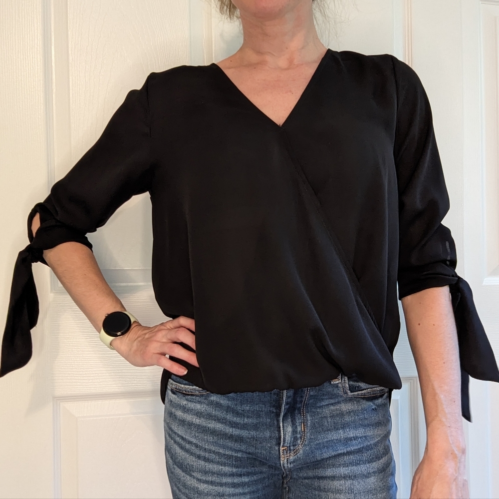 NWT | West Kei | Allan Surplice Tie Sleeve High Low Blouse | Black | SP